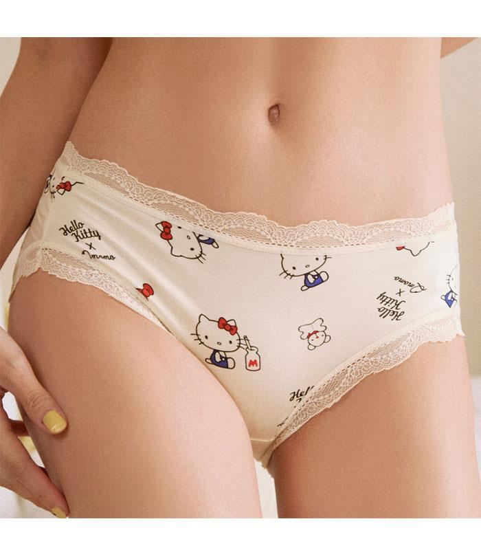Qmomo - Hello Kitty 睏飽飽【包臀棉感三角褲】sleeping 單內褲(牛奶白) - 1件